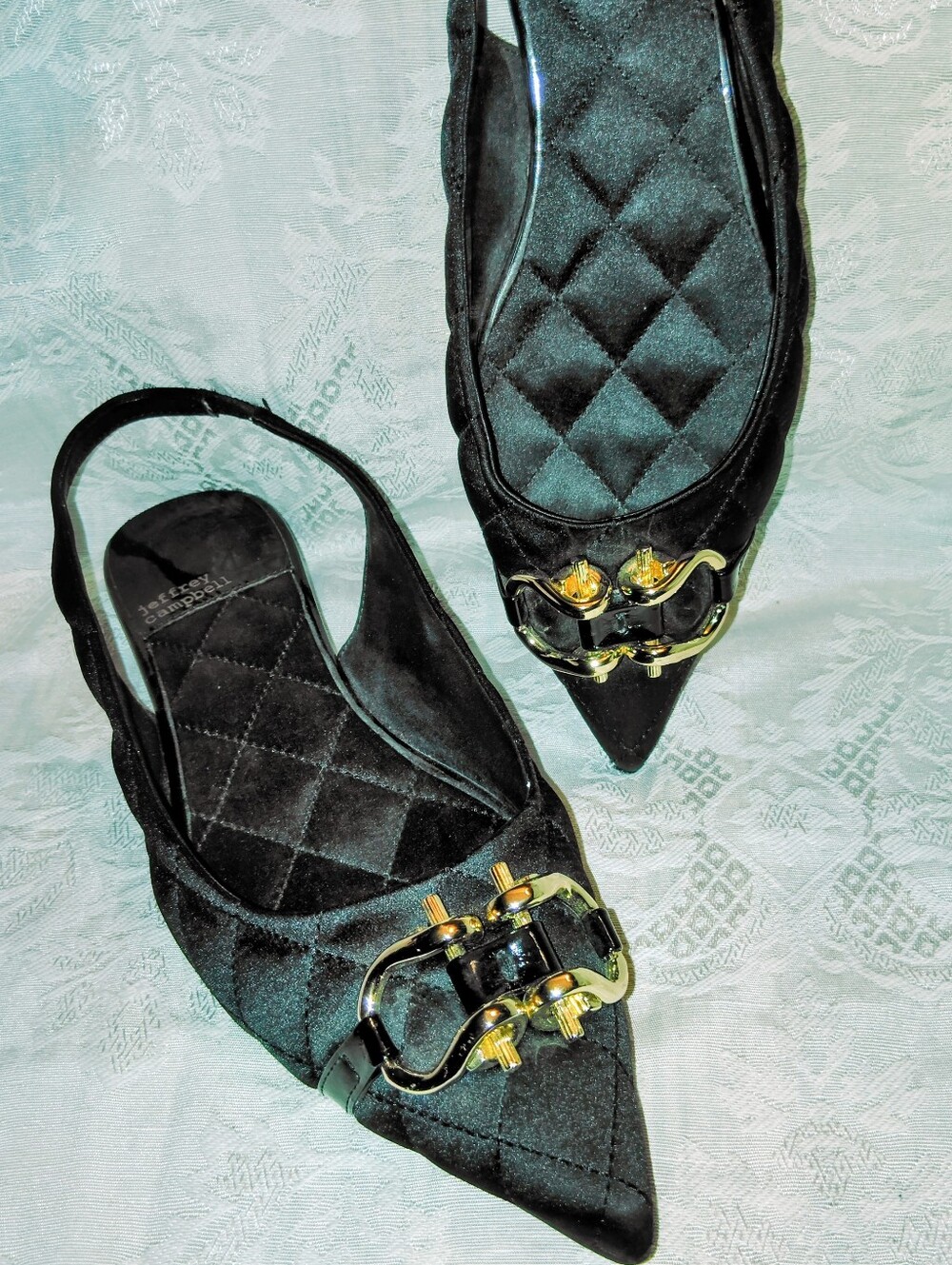 Jeffrey Campbell Satin Black Quilted Flat Slingbacks Gold Buckle Detail Sz 7